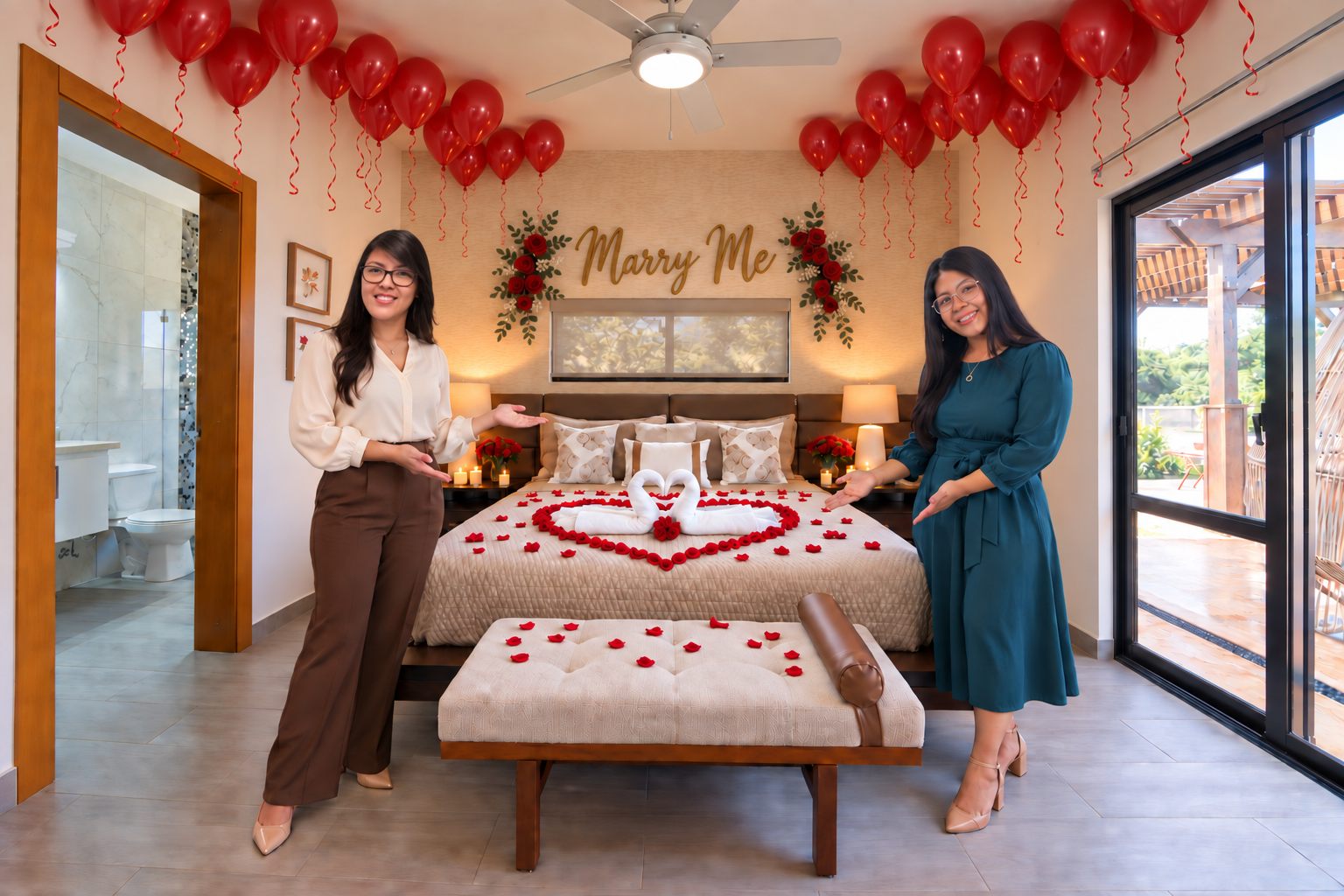 Eduviana & Reina, las decoradoras, junto a una habitación decorada con pétalos de rosa y globos rojos